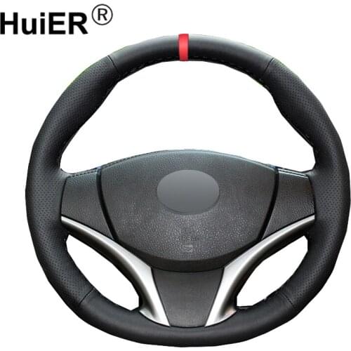 HuiER Pure Hand Sewing Sew Car Steering Wheel Cover Wear-Resistant Car Styling Red Marker For Toyota Yaris Vios 2014-2016