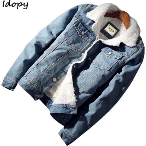 Idopy Men`s Casual Denim Jacket With Fur Lined Thicken Warm Coat Fleece Jean Outerwear For Male
