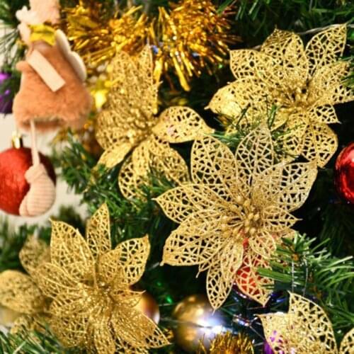 10PCS Artifical Christmas Flowers Christmas Tree Decorations For Home Fake Flowers Xmas Ornaments New Year Decor