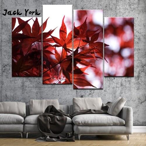 Canvas Painting Red maple leaf 4 Pieces Wall Art Painting Modular Wallpapers Poster Print living room Home Decor free shipping