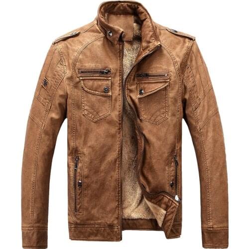 Mens Flight PU Jacket Motorcycle Faux Leather Boys Long Sleeve Male Coat Loose Vintage Thick Warm Brown Moto Jacket Large Size