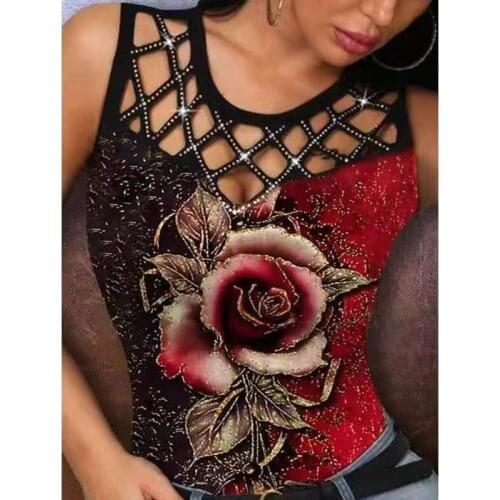3D Rose Printed Tshir Summer Fashion Hollow Out Sleeveless Shirt Women Vest Tops Casual O Neck Plus Size Clothes Party Club Tank