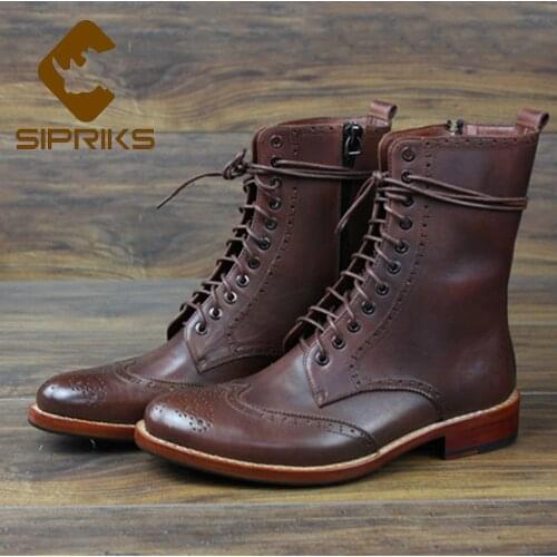 Sipriks Mens Classic Zip Boots Genuine Leather Full Brogue Mid Calf Boots Italian Custom Riding Dress Boots Vintage Wingtip 45
