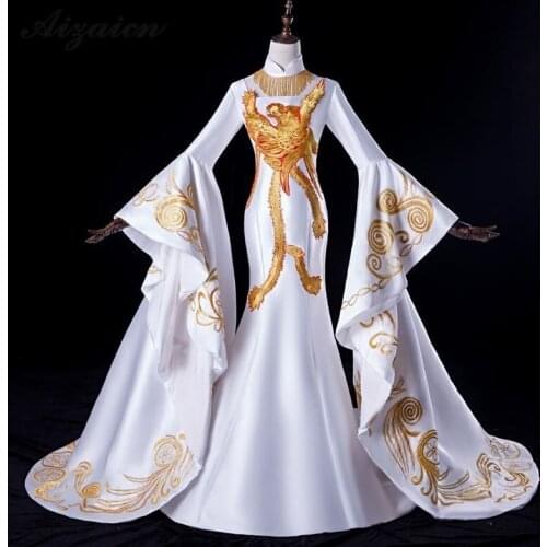 Nation Wind White Cheongsam Host Long Evening Party Dresses For Woman Chinese Traditional Clothing Qipao Embroidery Tailing Gown