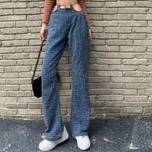 2021 New Vintage Patchwork Hollow Chain Belt Y2K Loose Straight Denimes Female Pants High Waist Blue Long Trousers Streetwear
