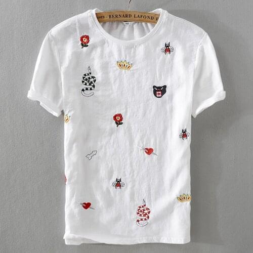 New trend summer men short sleeve t-shirt linen white fashion loose t shirts embroidery stitching tshirt male camiseta M-3XL
