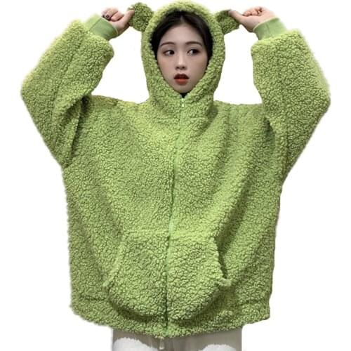 Autumn Winter Women Avocado Color Zip-up Sweatshirt Kawaii Fleece Faux Fur Long Sleeve Hooded Teddy Bear Ears Soft Hoodies Plus