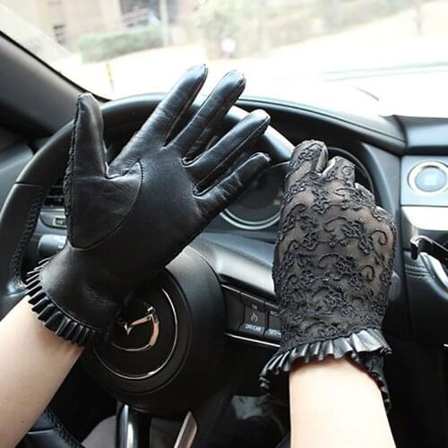 Genuine Leather Sheepskin Gloves Female Touch Screen Thin Fashion New Elastic Lace Spring and Autumn Driving Driver Gloves