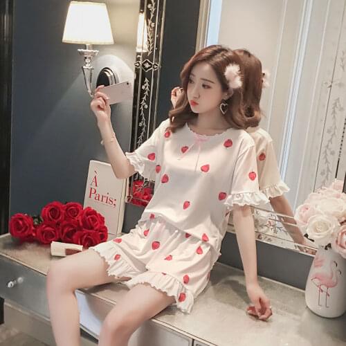 Pajama Sets Women Summer Shorts Sleeve Sleepwear Printed Breathable Large Size Womens Korean Elegant Leisure Kawaii Nightwear