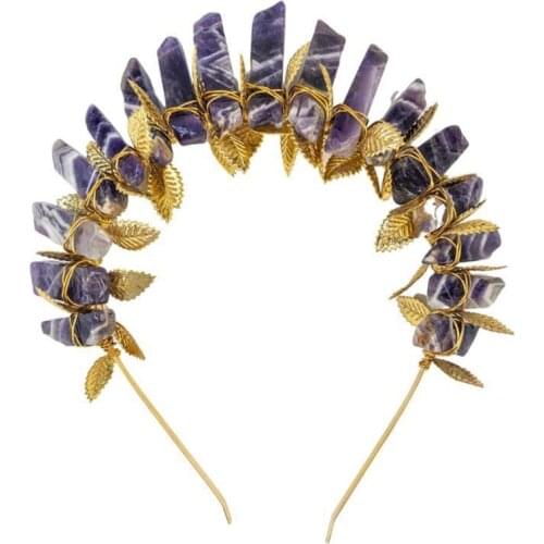 Metal Leaf Goddess Tiara Crown Headband Raw Crystal Quartz Jewelry Halo Hairband
