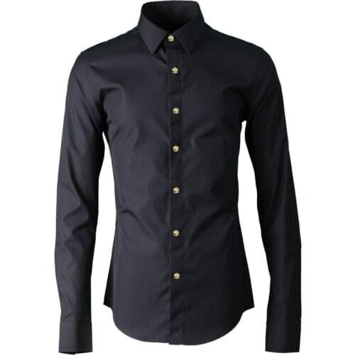 Luxury Alloy Rose Rivets Men Shirt White Black Solid Color Long Sleeve Men Dress Shirt Hight Quality 100% Cotton Casual Shirt
