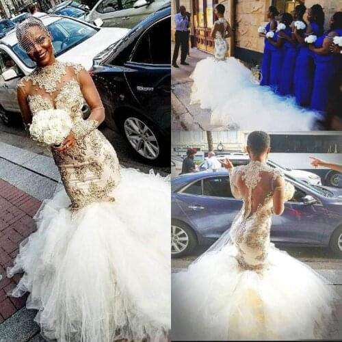 Luxury High Neck Lace Wedding Dresses With Cathedral Train Long Sleeves Beaded Applique Tired Skirt Mermaid Church Bridal Dress