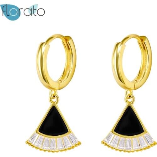 925 Silver Ear Buckle Sector Shaped Pattern Drop Hoop Earring for Women Gold Black Color Crystal Earrings Fashion Party Jewelry