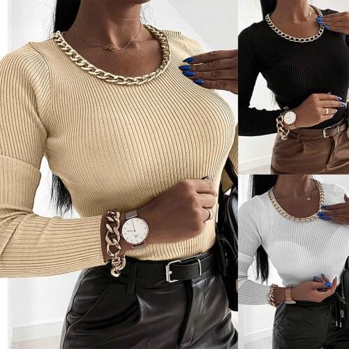 Autumn winter womens long-sleeved solid color pit chain decoration base pullover sweater top tights 크리스마스 스웨터 Sexy fashion F4