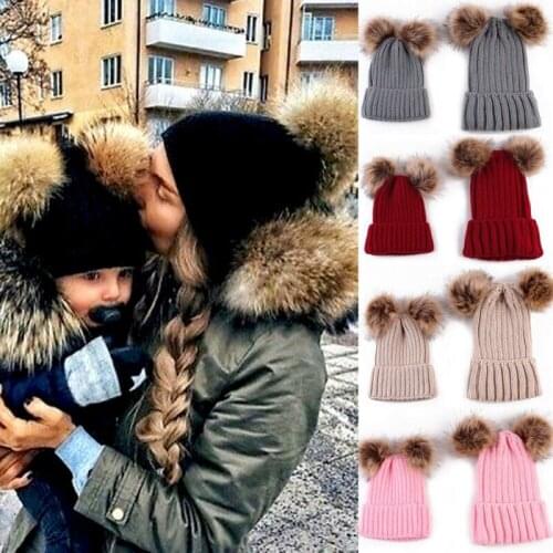 Family Parent Child Hats 2021 Winter Knitted Warm Fashion Casual Caps For Women Fur Ball Decoration Pure Color Mother Baby Caps