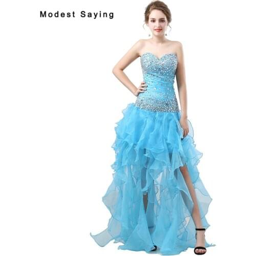 Blue Sexy Split Evening Dresses 2018 with Rhinestone Bodice Long Ruffled Evening Gowns Beaded Party Prom Gowns vestidos de festa