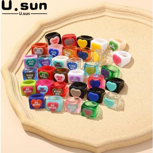 U.sun Vintage Acrylic Bulk Heart Rings for Women Minimalist Aestethic Rings for Girls Charming Female 2021 Trend Jewelry Gift