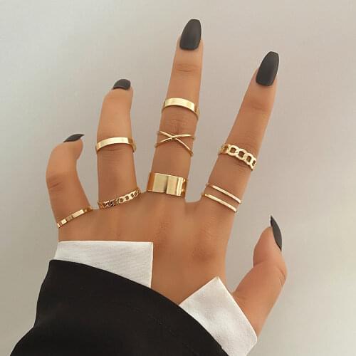 8Pcs/Set 2021 New Korea Vintage Colorful Stone Metallic Chain Trendy Geometry Hit Rings Set for Women Girls Jewelry