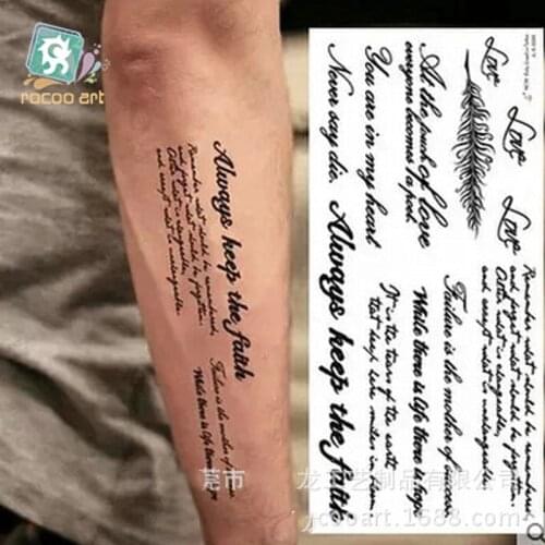 1 Sheet Temporary English Word Tattoo Stickers Realistic Water Transfer Black Letters Feather Body Art Tattoos Party Supplies