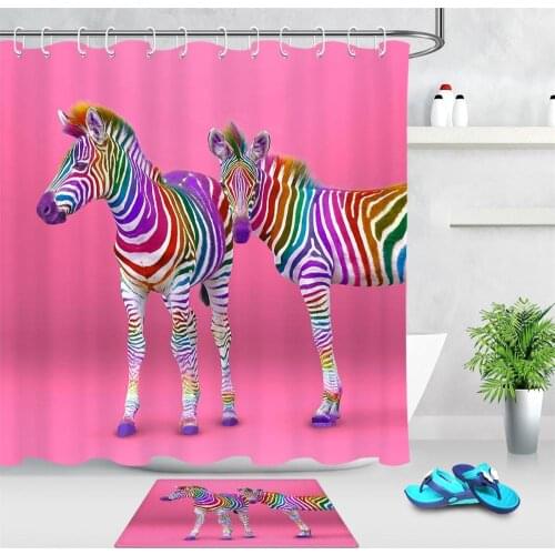 Colorful Stripes Zebra Print Shower Curtain Art Bathroom Decor Animals Pink Polyester Waterproof Fabric Bath Curtain with Hooks