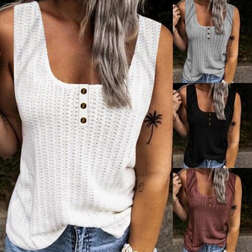 Womens Summer Casual Solid Color Shirt Tees Button Cold Shoulder Hollow Out Sexy Vintage Tshirt Sleeveless Tank Clothes S-2XL