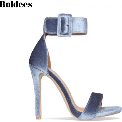 Sexy Velvet Women High Heels Wide Buckle Ankle Strap and Stiletto Heel Wedding Party Shoes Summer Designer Sandals