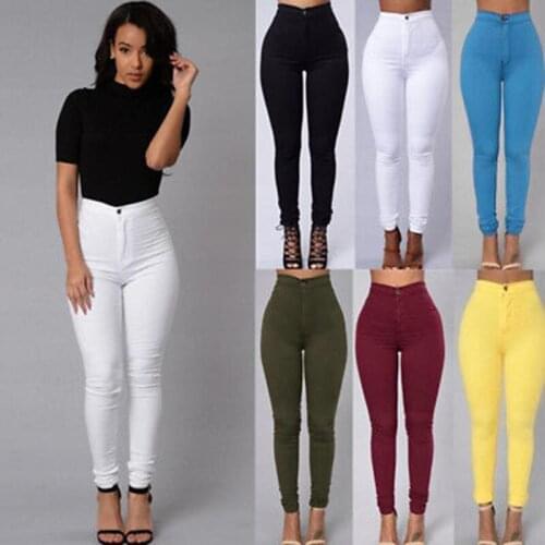 Women Pants Elastic Pencil Jeans Pants Candy Colored High Waist Zipper Slim Fit Skinny Full Length Female Trouser Pant For Woman