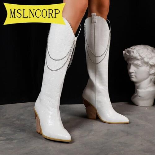 Plus Size 34-48 PU Leather Boots Autumn Winter Knee High Boots Ladies Thick Sole Platform Western Cowboy Boots Motorcycle Boots