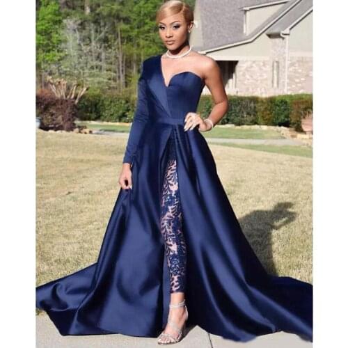 2020 Modest Blue Jumpsuits Two Pieces Prom Dresses One Shoulder Front Side Slit Pantsuit Evening Gowns Party Dress