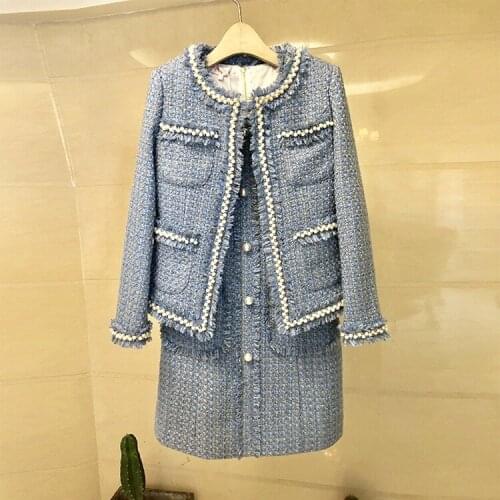 2021 autumn and winter tweed small fragrant milk suit womens fashion pearl jacket dress two pieces of oil good quality
