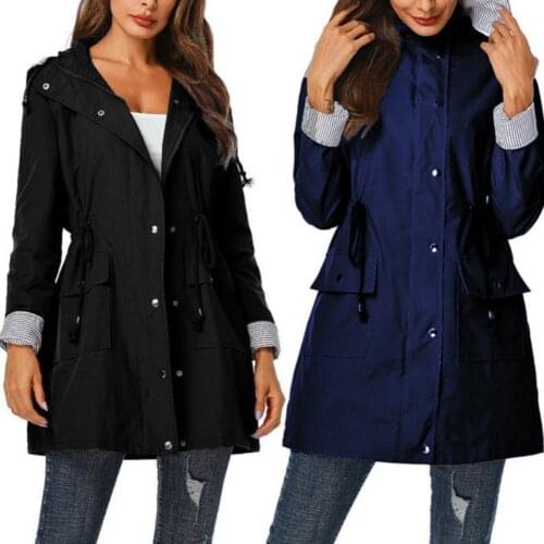 Women Casual Waist Drawstring Pockets Hooded Coat Waterproof Jacket Raincoat