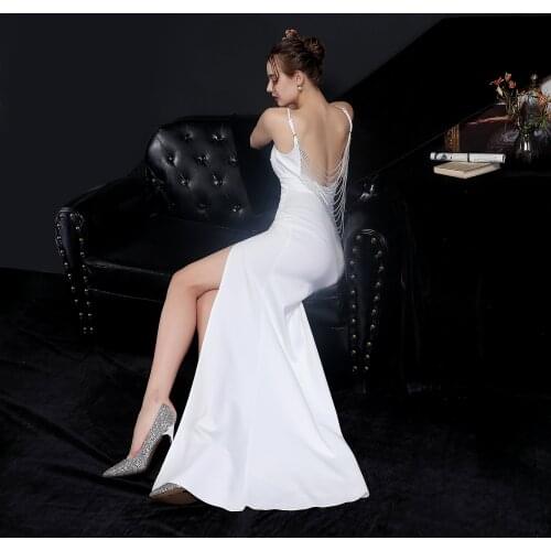 Sexy Deep V-Neck Formal Evening Dress with Backless Beading High Slit Spaghetti Straps Elegant White Homecoming Dress for Party