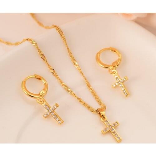 Gold cz cross crystal Pendant Necklace chain Earrings sets Jewelry Gold Christian jewelry sets for women girl Best Jesus Gifts