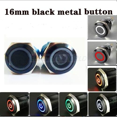 16mm black Metal Button Switch Panel Hole Power Push Button momentary button flat Head 5pins LED light Self-Reset 1NO 1NC switch
