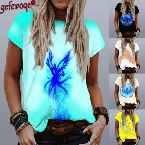 2021 Summer Lady Casual Short Sleeve Shirt Women Phoenix Pattern Printing Clothes Female Loose Round Neck Tops