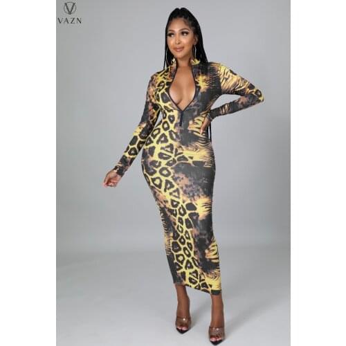 VAZN 2021 Fashion Women New Sexy Holiday Style Long Dress Long Sleeve Zipper Dress Snake Grain Lady Ankle Length Dress