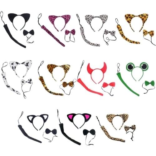 Toddler Kids 3Pcs Animal Cosplay Costume Set Cat Ears Plush Headband with Long Tail Bow Tie Hallowee Party Outfits