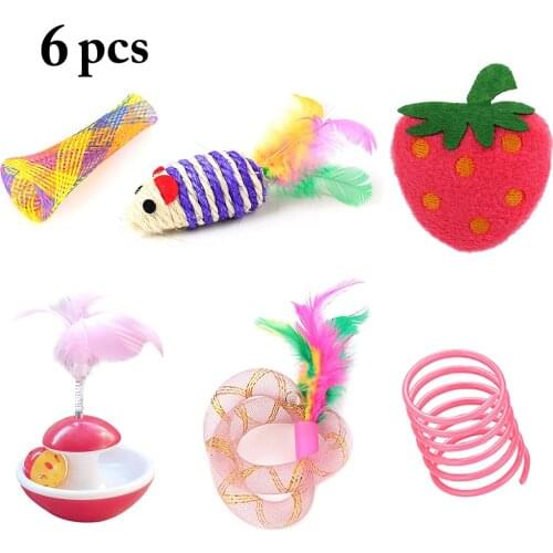 6PCS Cat Toy Set Interactive Strawberry Cat Toy Cat Mice Toy Pet Spring Toy Feather Toy Interactive Toys Funny Training Toys