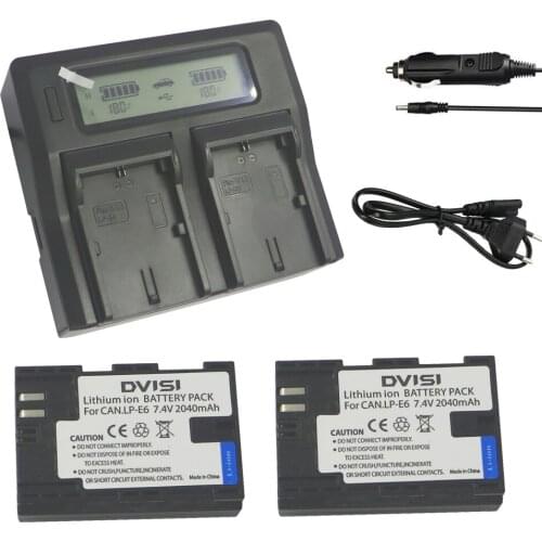 2* Full code 2040mAh LP E6 LPE6 Camera Battery in panasonic18500cells+lcd double chager For Canon 5D 5D2 5D3 7D 7D2 7D3 36D 60D
