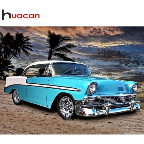 Huacan 5d Diamond Painting Full Drill Car Scenery Mosaic Embroidery Beach Tree Landscape Home Decor Wall Stickers