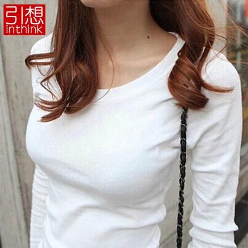 % Cotton White Long Sleeve T-shirt Womens Spring and Autumn Clothing Womens Top