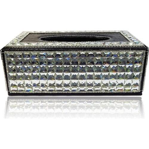 Bling Large Rectangle Leather Rhinestone Crystal Tissue Box Car-mounted Home Dressing Table Napkin Holder Baby Wipes Storage Box