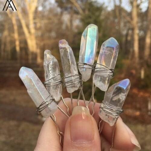 10PCS Silvery Wire Wrapped White AB Quartz Point Beads Hair Pins Tiara For Women Crystal Hairpins Bridal Hair Jewelry HG026AMA.H