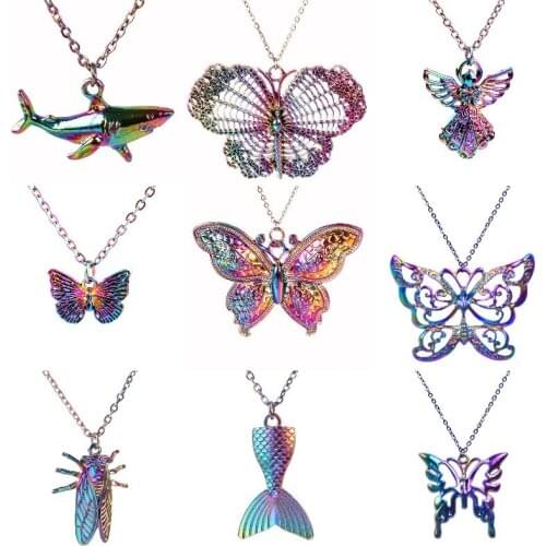 Harajuku Punk Alloy Big Animal Butterfly Charms Necklaces Sea Mermaid Tail Shark Pendant Women Dainty Chain Clavicle Jewelry