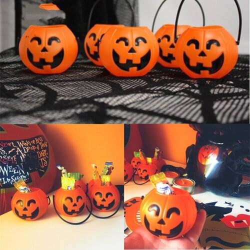 HY 50pcs Halloween Pumpkin Bucket Plastic Mini Candy Holders Gift Buckets For Kids Halloween Party Trick Or Treat Bags