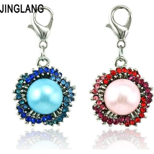 JINGLANG Classic Flower Lobster Clasp Charms Multi Color Rhinestone Pearl Pendants DIY Charms For Jewelry Making Accessories