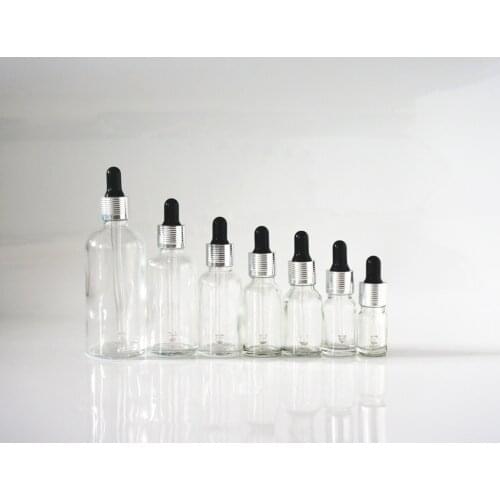 5/10/15/20/30/50/100ml Cosmetic Clear Essential Oil Bottle Black Rubber Head Dropper Silver Thread Cap Glass Reusable Container