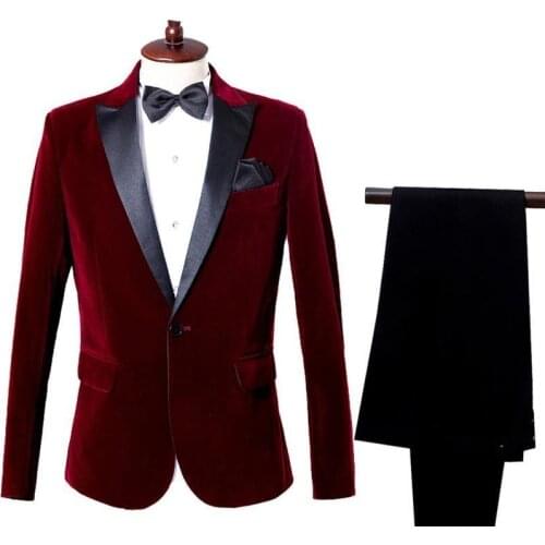Wine red /Blue suit Casual Party men suits Mens blazer jacket Casual blazer men stage slim fit Velveteen Jacket+pants 2 pieces