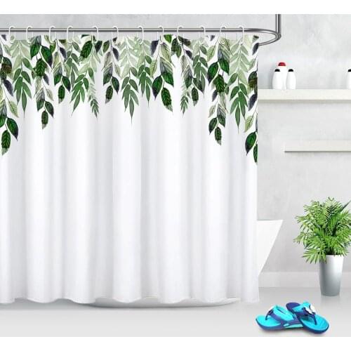 Beautiful Wedding Green Leaves Modern Shower Curtains Polyester Waterproof Bathroom Accessory Bath Curtain Sets with 12 Hooks
