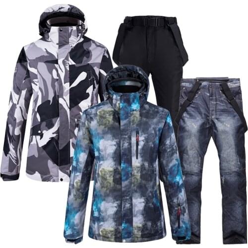 Mens Snow Suit Wear Snowboard Clothing Winter Outdoor Sports Costume Waterproof Windproof Ski Set Jackets and Strap Pants Male